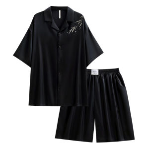 yuenei | Couples Summer Silk Ice Fabric Sleepwear Short Sleeve Shorts Home Clothes Casual Loose Fit Button Decorated Plant Floral Pattern