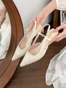 Champagne Color Wedding Shoes Womens Summer Pointed Toe Sandals High Heels Cat Heel Fashionable Strap Ultra Leather Lined