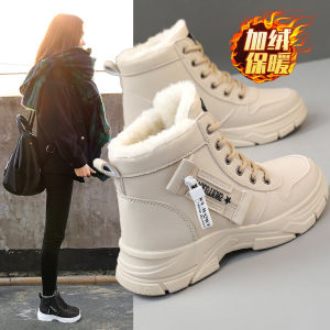 Warm Fleece Lined High Top Cotton Boots Thick Bottom Anti-Slip Sporty Winter Snow Boots for Women Casual Cross Buckle PU Leather