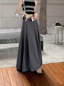 กระโปรงจีบเอวสูงทรงเอยาวคลุมเข่าสำหรับผู้หญิงไซส์ใหญ่ สไตล์ลำลอง ฤดูใบไม้ร่วง 2023 กระโปรงทรงเอสีเทา