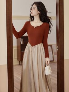Red French Style Long Sleeve Dress Autumn Winter Womens Fashion Retro Beauty Long Dress Inner Wear High Waist Polyester Fiber