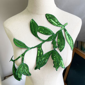 1 Piece 22*28cm Fashion Green Sequins Leaf Parch For Costume Dress Coat Iron on Patch for Clothing DIY Decoration