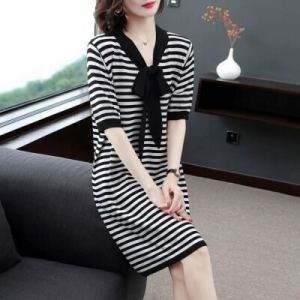 Casual Loose Large Size Striped Butterfly Knot Mid-Length Dress Summer New Fashion Anti-Aging Korean Style round Neck Short Sleeve A-Line Dress