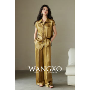 WANGXO | Bộ Quần Áo Dài Tay Chất Viscose Acetate Bóng Hai Mặt Giấy Satin Đặc Biệt Có Nếp Nhăn và Phủ Họa Tiết