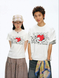 JNXS | Áo Thun Tay Ngắn Cotton Họa Tiết Tim Mèo Chó Mùa Hè Form Rộng Thoáng Khí