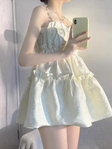 Summer Dopaamine Girls Dress Strapless Fairy Short Skirt Korean Style High Waist A-Line Skirt Floral Print Shoulder Bared Backless