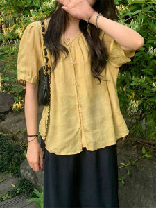 Shalldoer | Fashionable Pearl Button Short Sleeve Loose Womens Sun Protection Shirt Casual Style Summer Slimming Top Round Neck Design