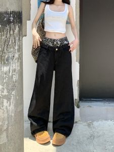 กางเกงยีนส์ทรงตรงลายเสือดาวย้อนยุคสำหรับผู้หญิง กางเกงขายาวทรงหลวม ดีไซน์ใหม่ ฤดูร้อน 2025 ดีไซน์สองชิ้นปลอม
