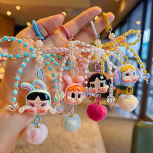 Cute cartoon figurine bow keychain DIY bead couple popular car keychain fur ball backpack pendant