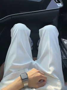 White Ice Silk Mens Summer Thin Casual Pants Drapey Loose Long Trousers Cool Feeling Slimming Effect Formal Wear