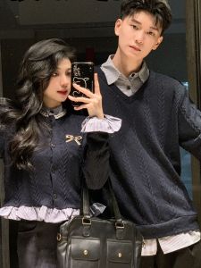 Couples Clothing Fall and Winter Super Hot Net Red French Style Casual Knitting Cardigan Trendy Fake Two Pieces Sweaters Mens and Womens Fancy Skirt