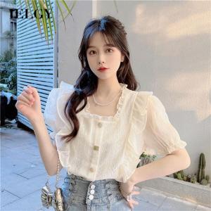 IELGY Áo Sơ Mi Nữ Tay Ngắn Cổ Vuông Xếp Nếp Kiểu Pháp Mỏng