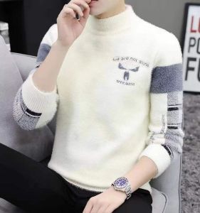 Mens Thickened Half High Collar Sweater Water Rabbit Fur Lined Base Layer Shirt Winter Warm Youth Fashion Long Sleeve Knitwear