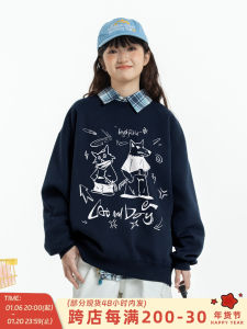 High Rain American Hand-Painted Fox round Neck Oversize Loose Couple Top Womens Fashion Cotton Polyester Blend Long Sleeve Sweatshirt