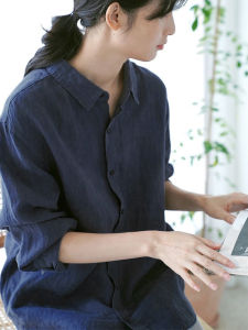 XIAOMENG | Navy Vintage Loose Fit Cotton Shirt for Women