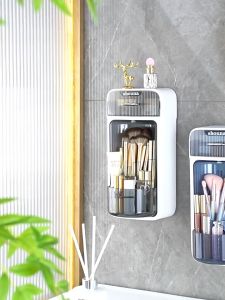 【กรุงเทพจัดส่งสินค้า】กล่องเก็บเครื่องสำอาง ไม่ต้องเจาะ ชั้นวางติดผนัง แบบติดผนัง หมุนได้ ป้องกันฝุ่น