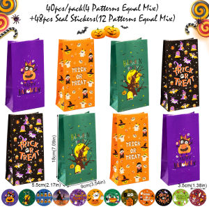 40pcs Halloween Candy Treat Bag with 48pcs Stickers Trick or Treat Paper Gift Bag Halloween Party Favor Bag Wrapping Supplies