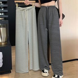High Waist Straight Leg Casual Pants Womens Ice Silk Wide Leg Pants Slimming Effect Vertical Stripes Floor Length Trousers