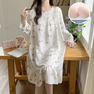 JIFANPAUL | Spring-Autumn Womens Sleep Dress with Built-in Padded Bra Long Sleeves