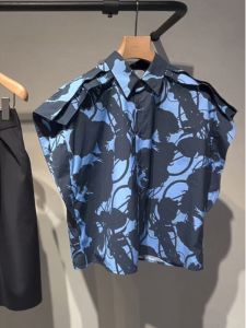 Handpicked Vintage Blue Sleeveless Shirt Womens New Summer Design Handkerchief Store Korean Style Polo Collar plus Size Top