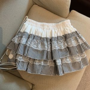 GUZILIAN | Red Plaid Lace Splicing A-Line Mini Skirt Womens Spring Summer Style High Waist Flared Short Skirt Korean Version GZL10203822