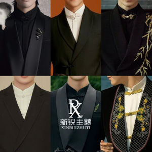 Trang Phục Chủ Đề Studio Áo Sơ Mi Màu Đen Trắng Nút Cài Kiểu Trung Quốc Mới Cổ Đứng Cho Nam Áo Sơ Mi Chụp Ảnh Biểu Diễn Chụp Ảnh Màu Trơn