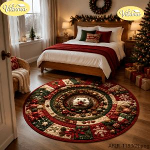VIKAMA Rustic Christmas Round Rug Absorbs Water Easy Care Non Slip Living Room Carpet Washable Bedroom Cozy Festive Home Decor