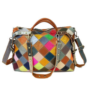 BeeGreen Women Colorful Genuine Leather Handbag Multicolor Plaid Patchwork Shoulder Bag Large Capacity Underarm Bag