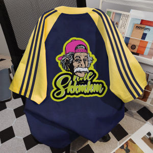 American Retro Stylish Character Print Short Sleeve T-Shirt Womens Summer Loose Three Bars round Neck BF Style Easiest for Match Tops