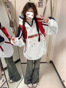 Retro American Lazy Style Color Block Hoodie Womens Autumn Winter Thickened Silver Fox Velvet Shoulder Insertion Jacket