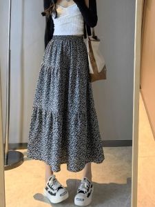 Sweet Black Floral Street Style Mini Skirt A-Line Silhouette Polyester Fabric Midi Length No Lining Decorative Stitching