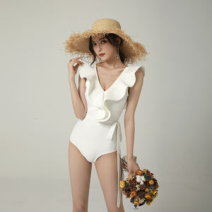 Water Enchanting Margery One-Piece Swimsuit for Women Sleeveless Ruffles High Waist INS Style White Casual Swimwear with Chest Pad