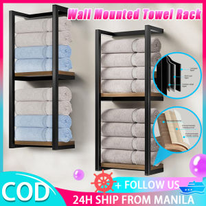 2 Tier Wall Mounted Towel Rack With Wooden Tabletop Square Bathroom Towel Organizer Flowerpot Storage Rack Home Decor Shelf Rolled Towels Holder Space-Saving For Bathroom Household Kitchen