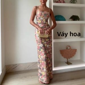 Váy Maxi Ôm Dáng Nữ Summ Họa Tiết Hoa Đính Sequin Phối Chất Liệu Không Dây Không Tay Phong Cách Boho Gợi Cảm Dự Tiệc Dài