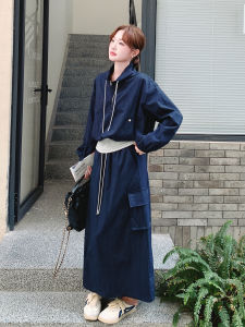 Sporty Workwear Style Two-Piece Set Womens High Waist Long Skirt Zipper Closure Loose Fit Long Sleeve Sweatshirt in Dark Blue