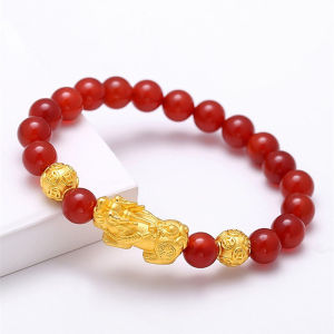 Golden Pi Xiu Bracelet Womens 3D Hard Pure Gold 999 Gold Lucky Beads Agate Natural Stone Crystal Bring In Wealth and Treasure Bracelet