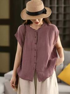 เสื้อเชิ้ตคอตั้งแขนกุดผ้าฝ้ายลินินสไตล์ย้อนยุคสำหรับผู้หญิง ทรงหลวม ปกติ แขนกุด กระดุมเดียว ฤดูร้อน 2025