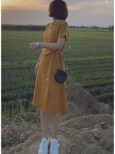 Yellow Summer Dress Womens Korean Style High Waist Slimming A-Line Skirt Unique Design Sensation Commute Fashion Button Detail