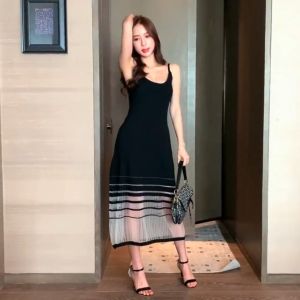 CORE Ice Silk Knitted Dress Women Summer Sleeveless Tank Dress Spliced Gauze Sling Dress