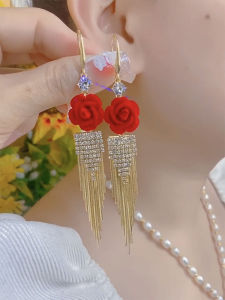 Red Velvet Flower Long Tassel Earrings for Women Luxury Lightweight Elegant Feeling Autumn Winter Vintage Style Alloy Silver Gold Plated Jewelry Pair