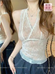 Áo Ba Lỗ Không Tay Cổ Treo Ren Màu Trơn Ôm Vừa Vặn Mùa Xuân Hè 2025 Áo Ba Lỗ Nữ Phong Cách Mới Pure Desire Color Block