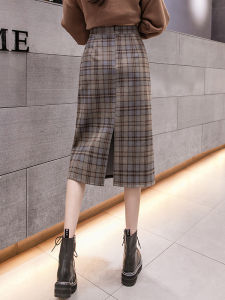 High Waist Midi Plaid Woolen Half Skirt Womens Autumn Winter New Style A-Line Bodycon Skirts Korean Style Commute Polyester Fiber
