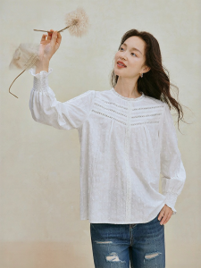 INMAN | Lace Hollow Out Flower Embroidery Shirt Long Sleeve Cotton White