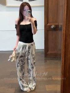 Quần Dài Thường Ngày in Họa Tiết Phong Cách Hàn Quốc Cạp Cao Mùa Hè Cho Nữ Quần Ống Rộng Ống Đứng Rộng Rãi Hai Mảnh