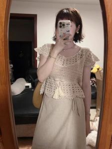 Korean Style Hollow out Knitted Top Women Summer New Large Size Fat MM Thin French Style Small Vest Cover up Shirt