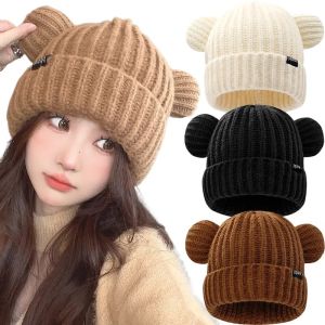 Korean Bear Ears Knit Wool Beanie Hat Women Girl Autumn Winter Thick Ear Warm Skullcaps Casual Outdoor Ski Snow Windproof Bonnet