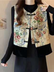 Spring New Chinese Style National Style Chinese Frog Tang Suit Womens Loose Sleeveless Vest Plus Size Fashion Elegant All-Matching Youthful-Looking Tops