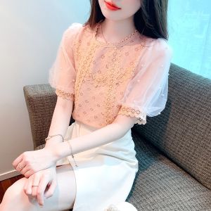 Yige Áo Blouse ren đẹp phụ nữ 2023 mùa hè tay ngắn thời trang cổ tròn thời trang áo thời trang khí chất áo thanh lịch màu hồng
