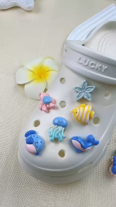 Bộ 8 Sticker Charm 3D chủ đề Sứa xanh nhựa cứng gắn Dép Sục Cá Sấu MayTo JB-376