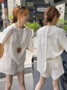 Fashionable High Waist Casual Short Sleeve Two-Piece Set Summer Outfit Hollow out Top Elegant Shorts Cotton round Neck
